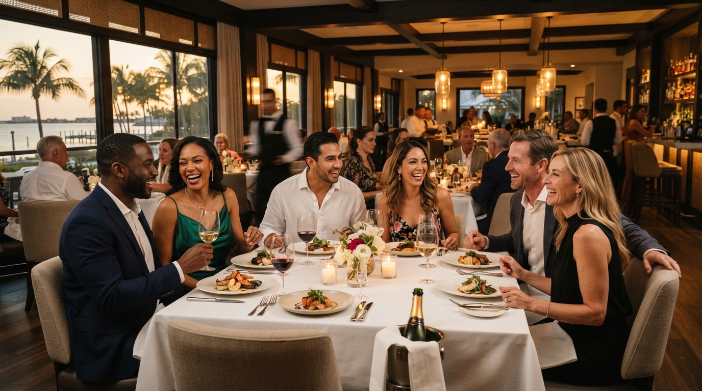 Upscale fine dining restaurant interior with warm ambient lighting in Southwest Florida