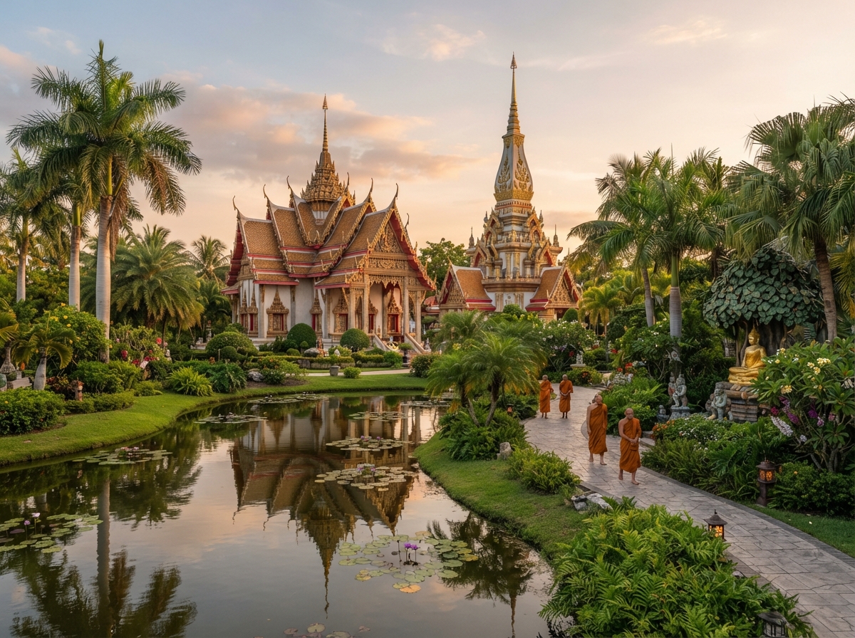 Tranquil Buddhist temple in Southwest Florida with gardens and palm trees
