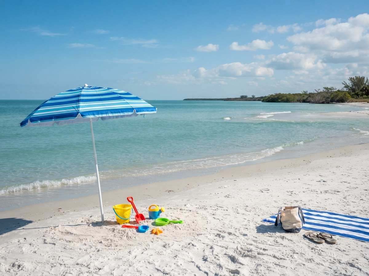 Beach umbrella and sand toys on white sand