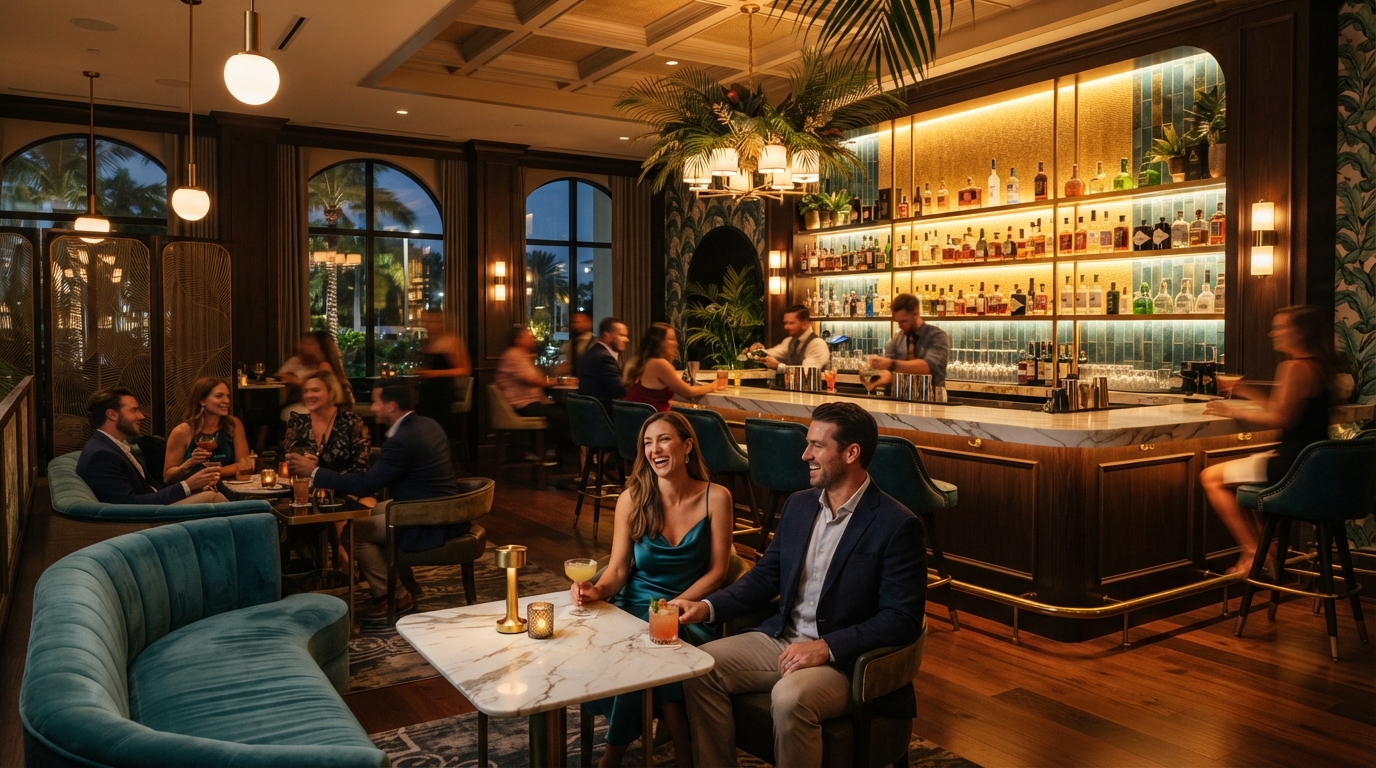 Upscale cocktail lounge interior with warm ambient lighting and lounge seating in Southwest Florida
