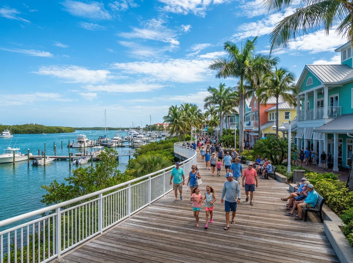 Southwest Florida waterfront boardwalk with palm trees