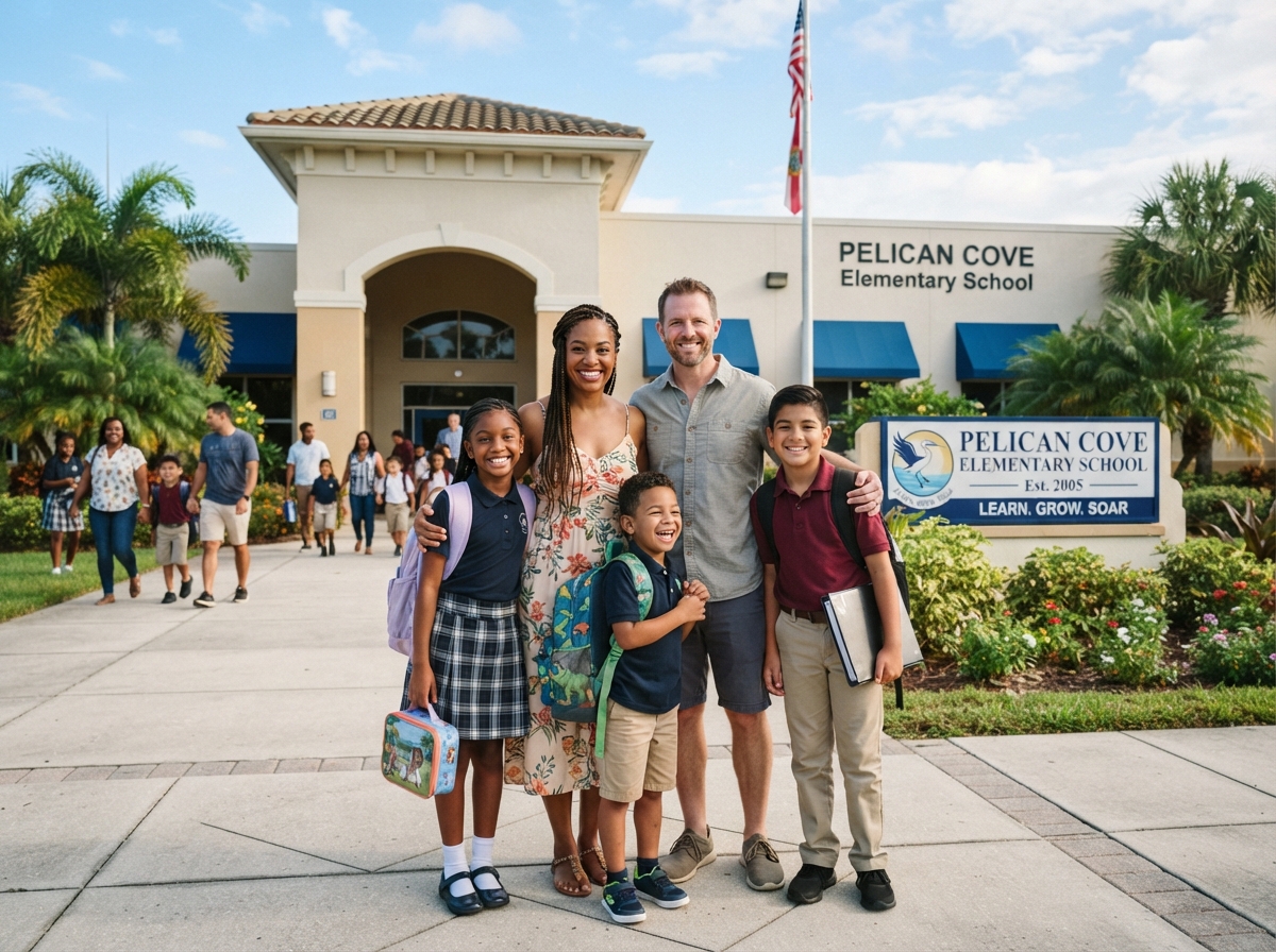 A diverse family with children standing in front of a Southwest Florida school building on a sunny morning