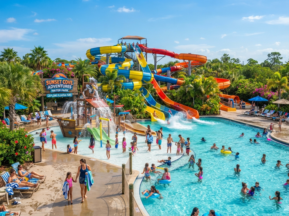 Colorful Southwest Florida water park with slides on a sunny day
