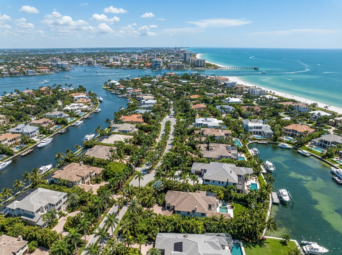 Aerial view of Naples Florida upscale neighborhoods, palm-lined streets and elegant homes