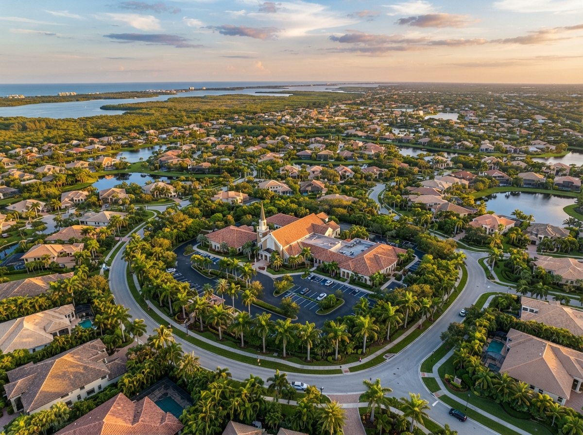 Aerial view of Estero Florida with lush greenery and a place of worship