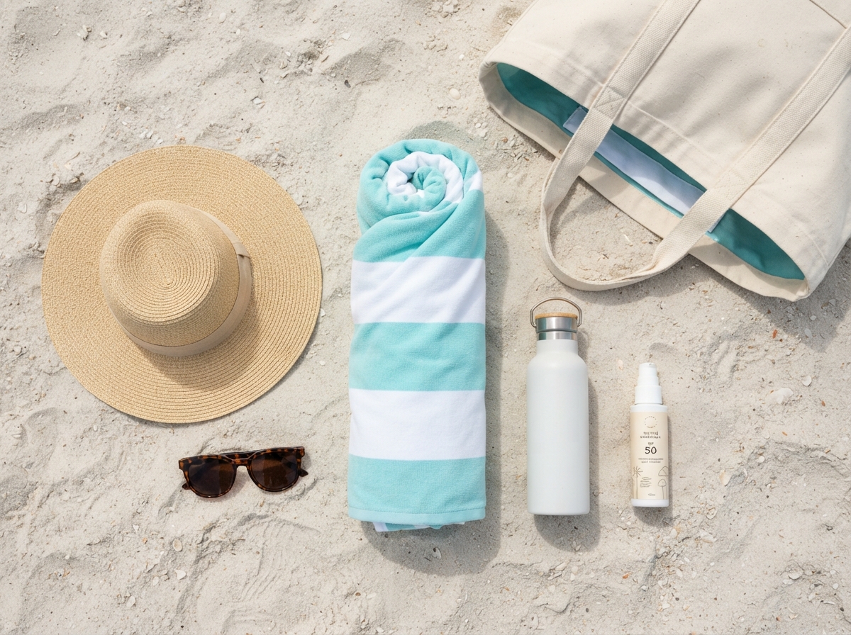 Beach bag with sunscreen, hat, water bottle, sunglasses