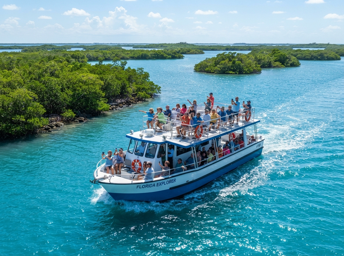 Sightseeing boat tour cruising past Southwest Florida mangrove coastline