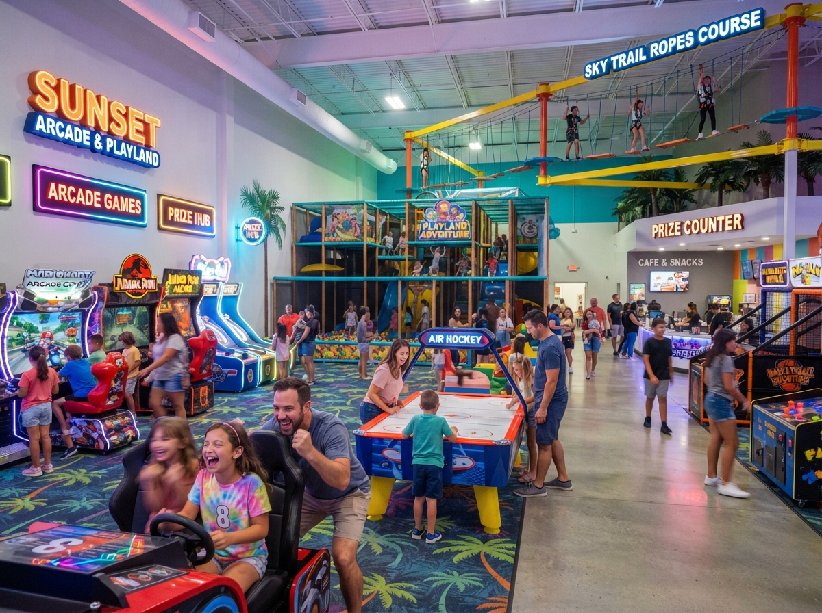 Bright indoor family entertainment center with arcade games