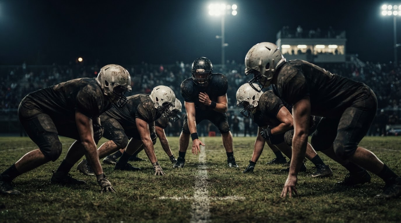 Football players lined up at the line of scrimmage