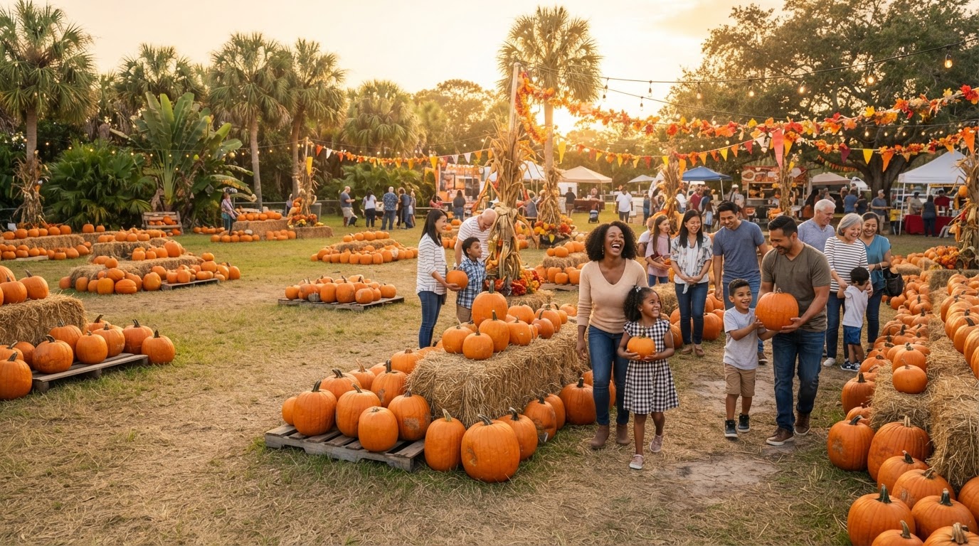 Southwest Florida fall festival pumpkin patch with a diverse crowd of families choosing pumpkins among hay bales
