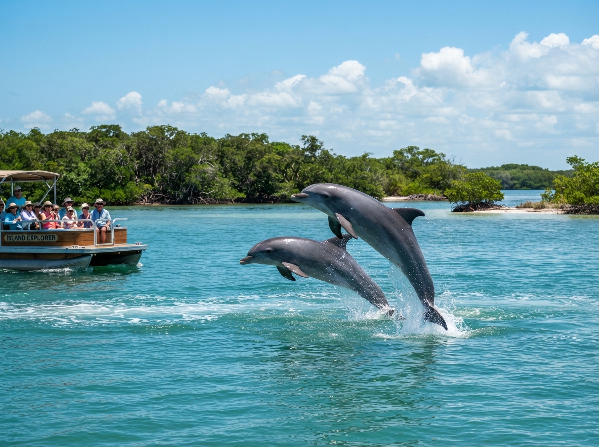 Dolphins leaping in calm turquoise Southwest Florida Gulf water