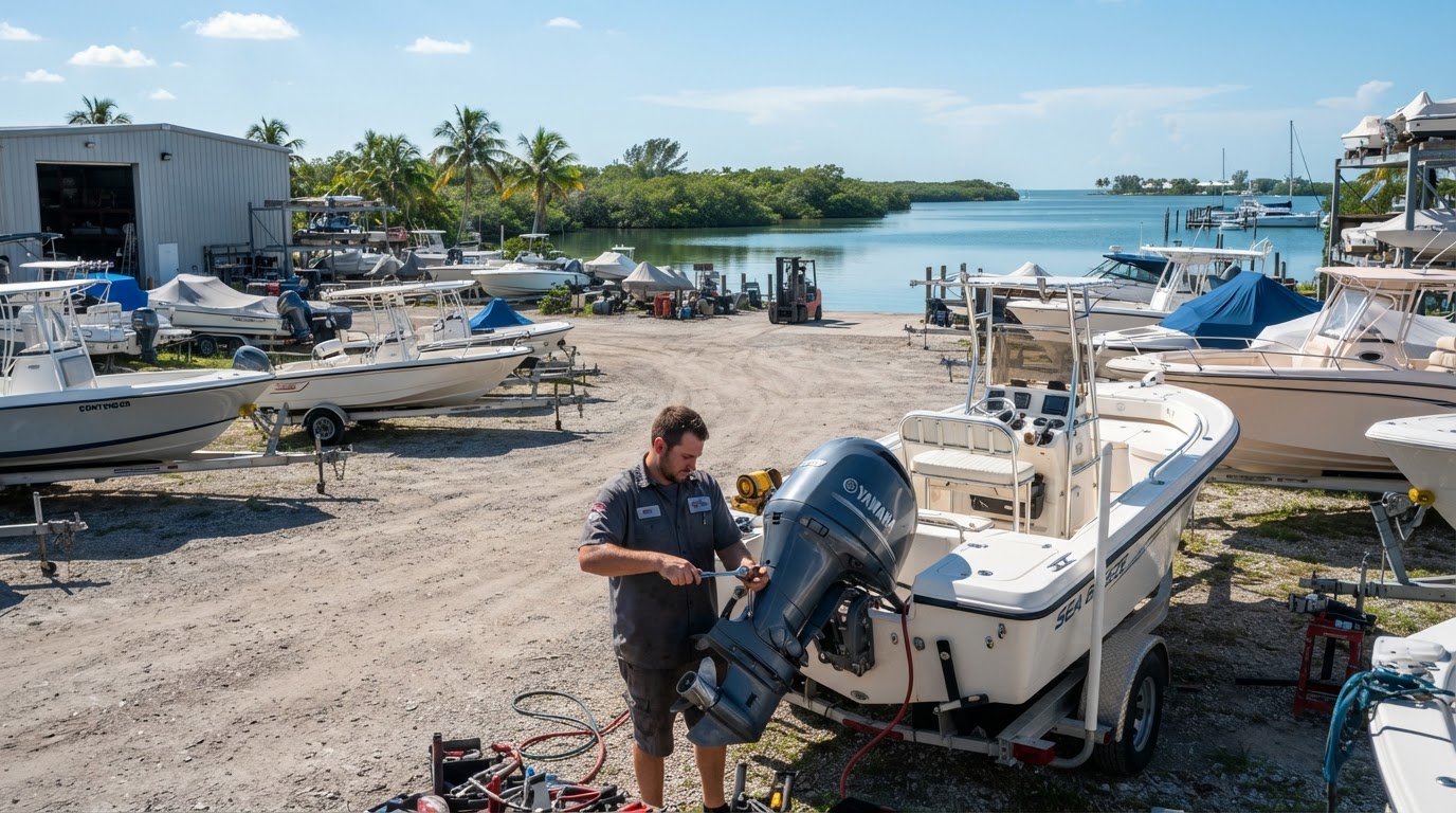 Marine service boatyard with technician in Southwest Florida