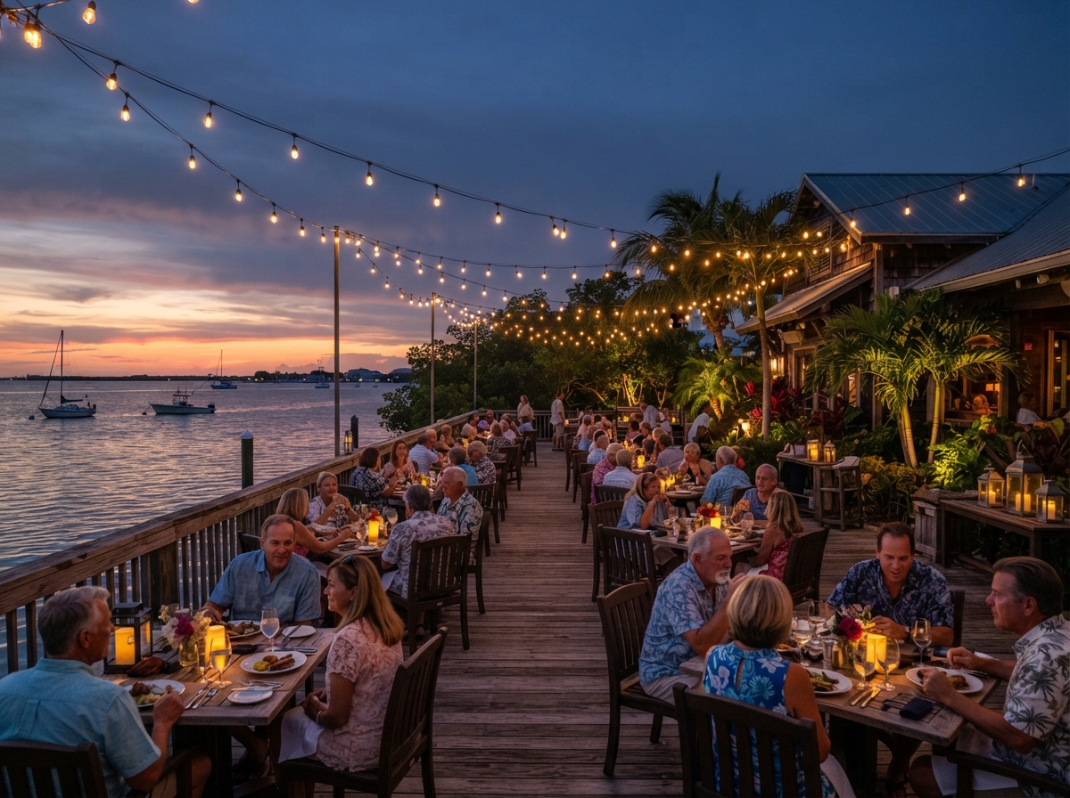 Southwest Florida waterfront restaurant at dusk