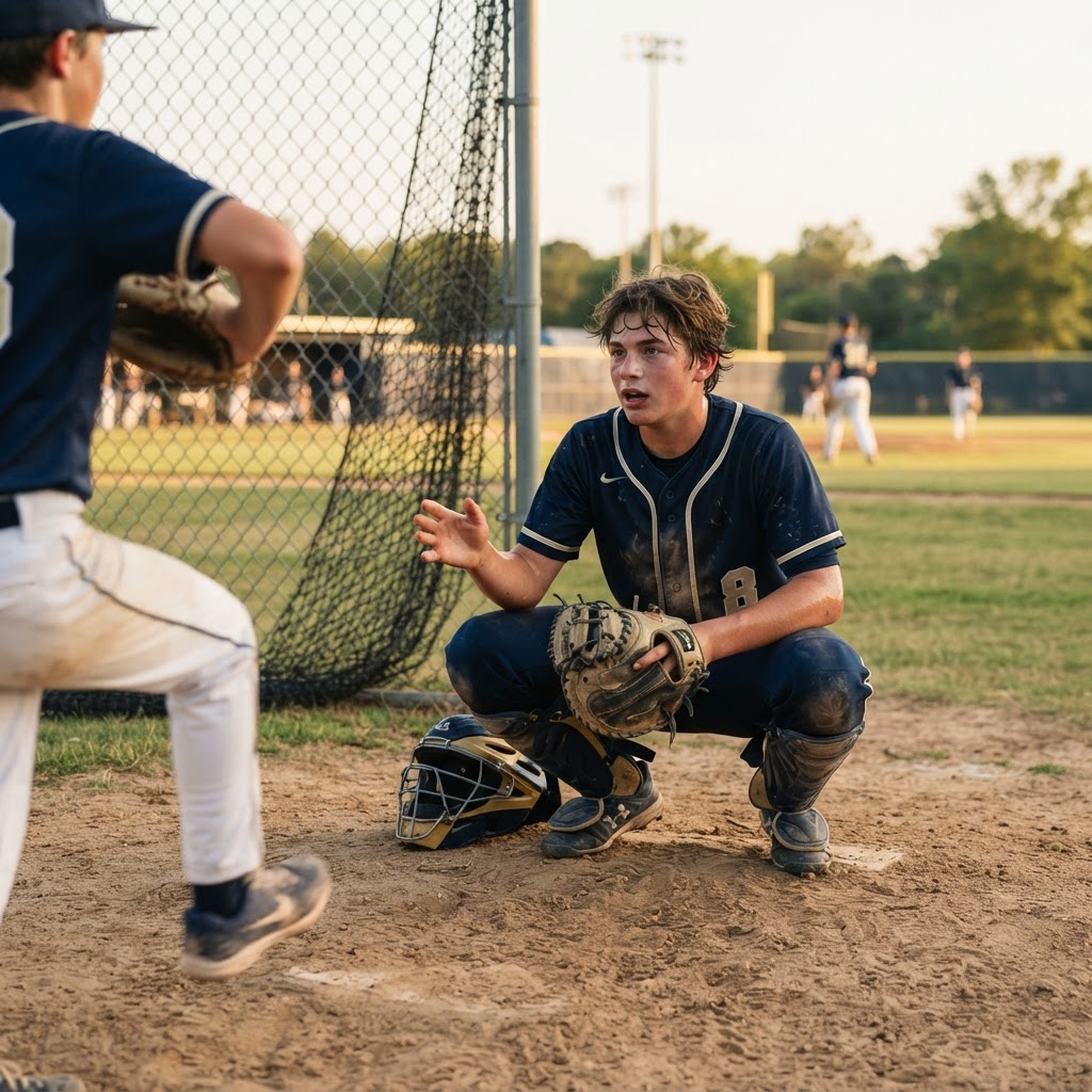 Fictional demo catcher Jordan M. during pregame bullpen work with a pitcher (sample photo)