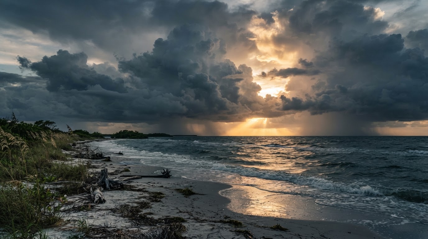 Dramatic Southwest Florida Gulf Coast storm clouds with sunlight breaking through