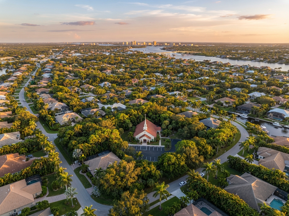Aerial view of North Fort Myers Florida with suburban neighborhoods and a church
