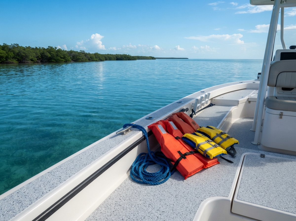 Life vests on a boat deck