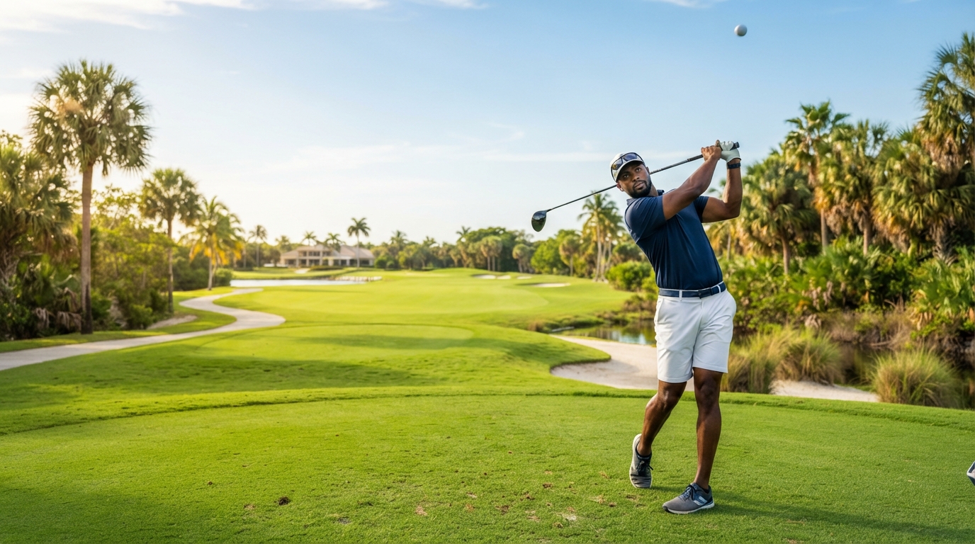 Black male golfer mid-swing on a sunlit Southwest Florida golf course