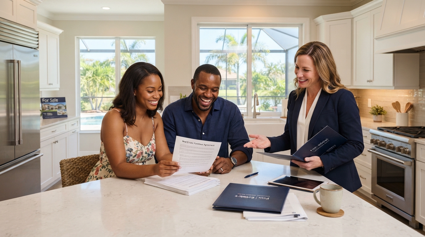 A Black couple and their real estate agent discussing paperwork in the bright kitchen of a Southwest Florida home for sale