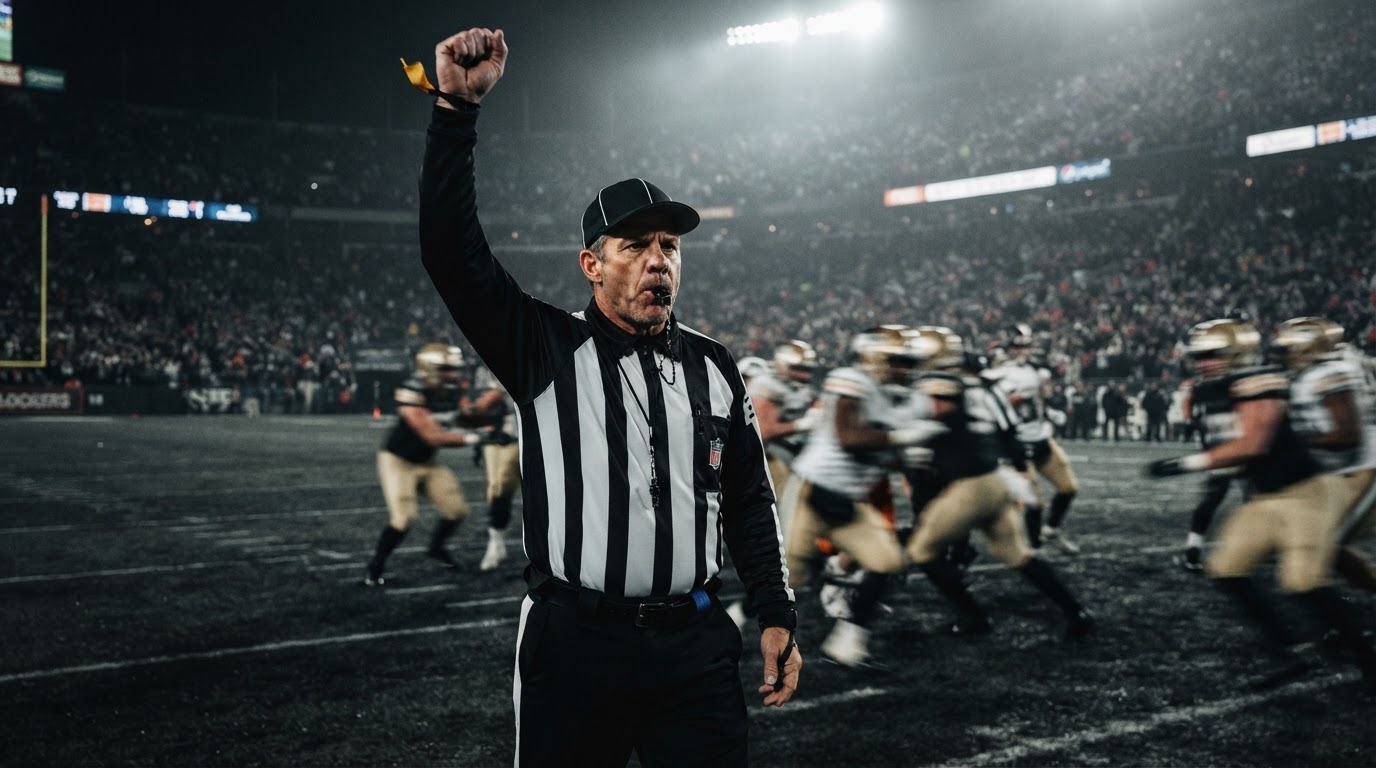 Football referee on the field blowing a whistle during game action