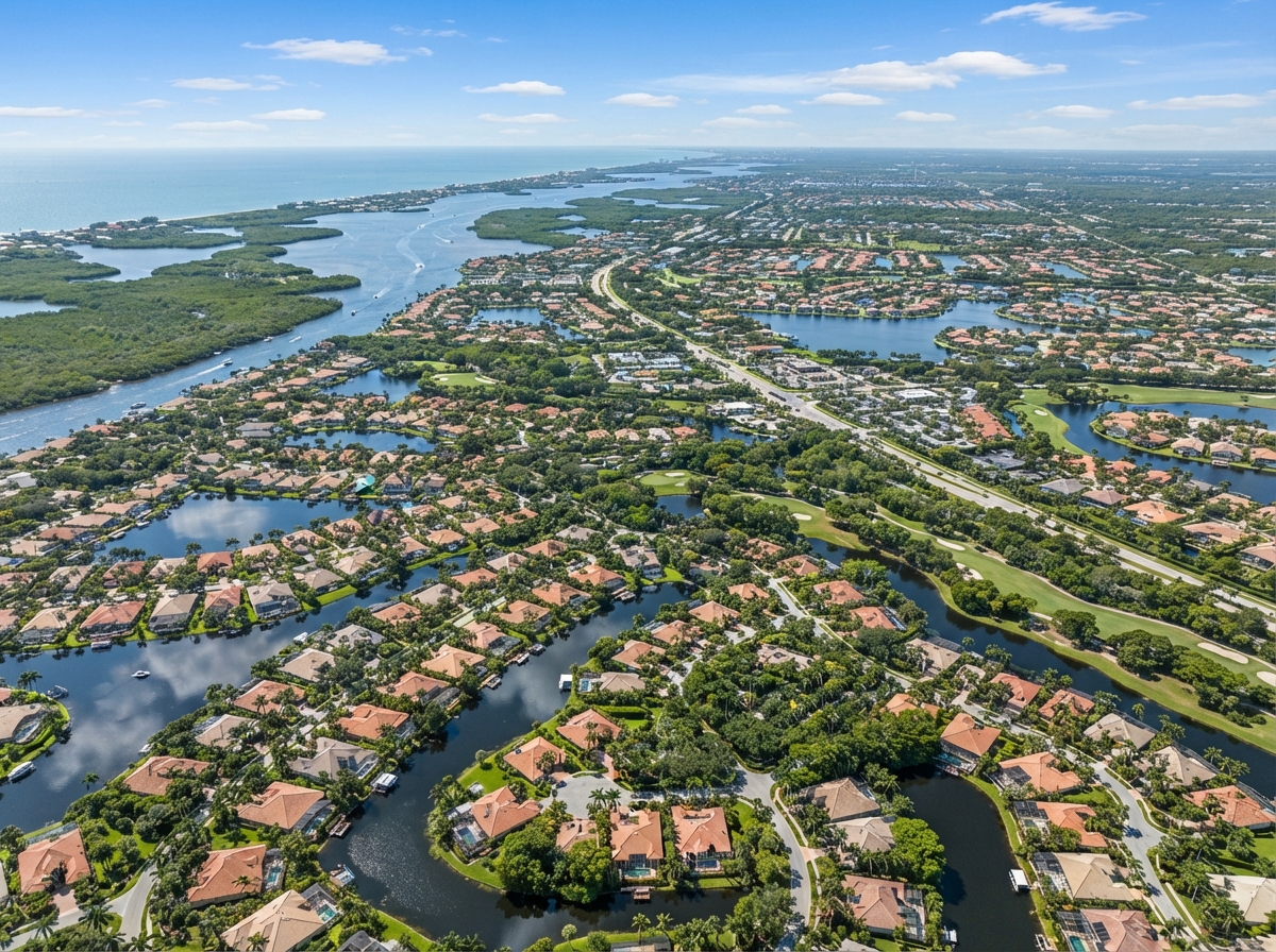 Aerial view of Estero and Bonita Springs Florida residential communities with lakes and palm trees