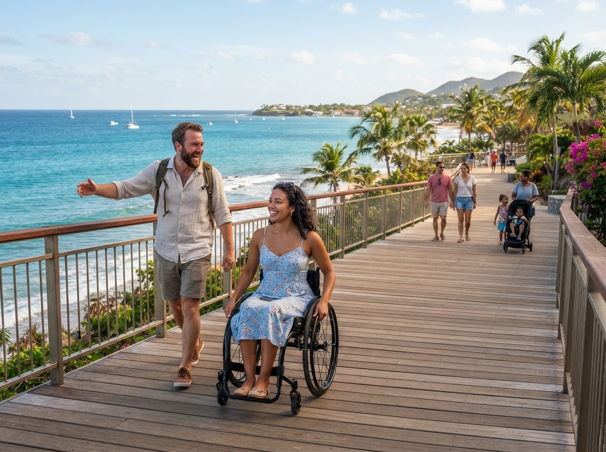 Inclusive accessible travel scene on a scenic coastal boardwalk