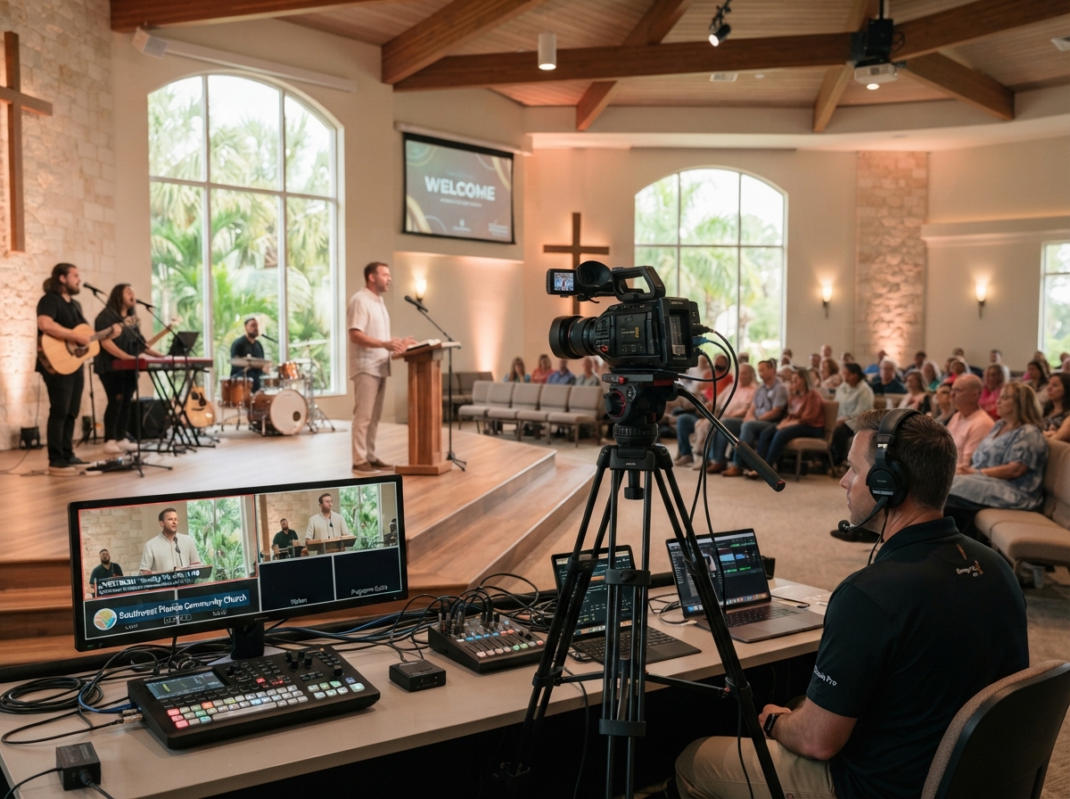 Modern livestream setup in a bright Southwest Florida place of worship sanctuary
