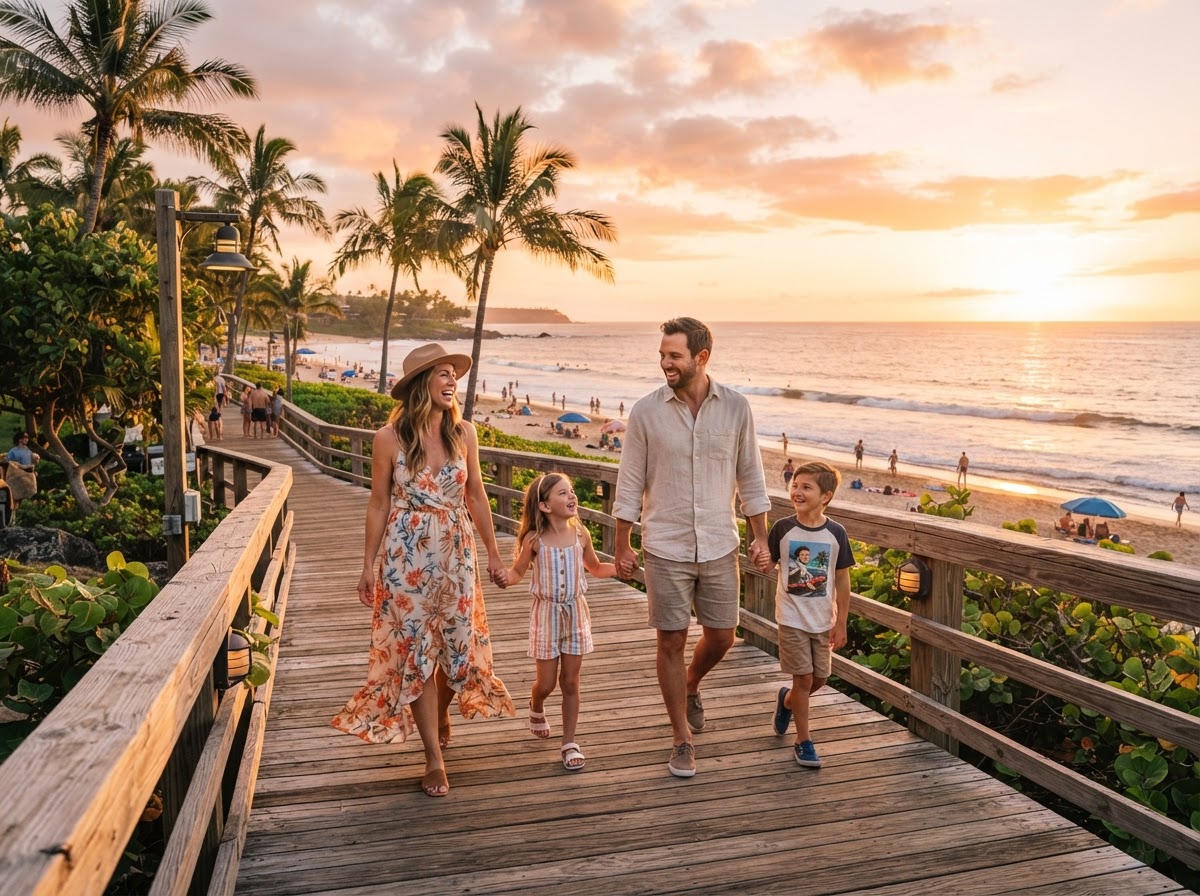 Happy family walking a scenic beach boardwalk at sunset