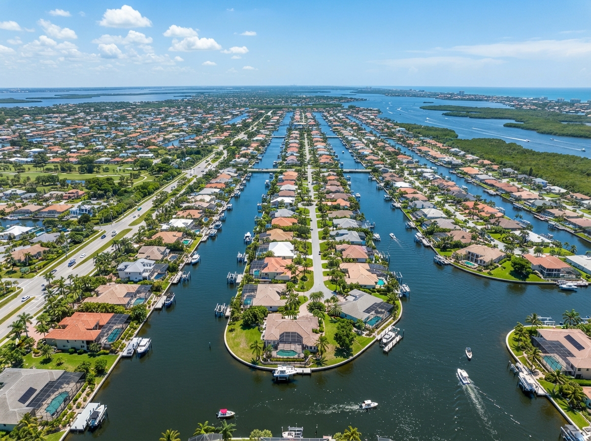 Aerial view of Cape Coral Florida canals, waterfront homes, and waterways on a sunny day