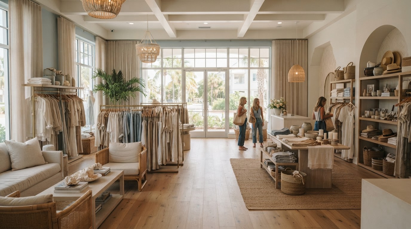 Upscale coastal boutique retail store interior in Southwest Florida
