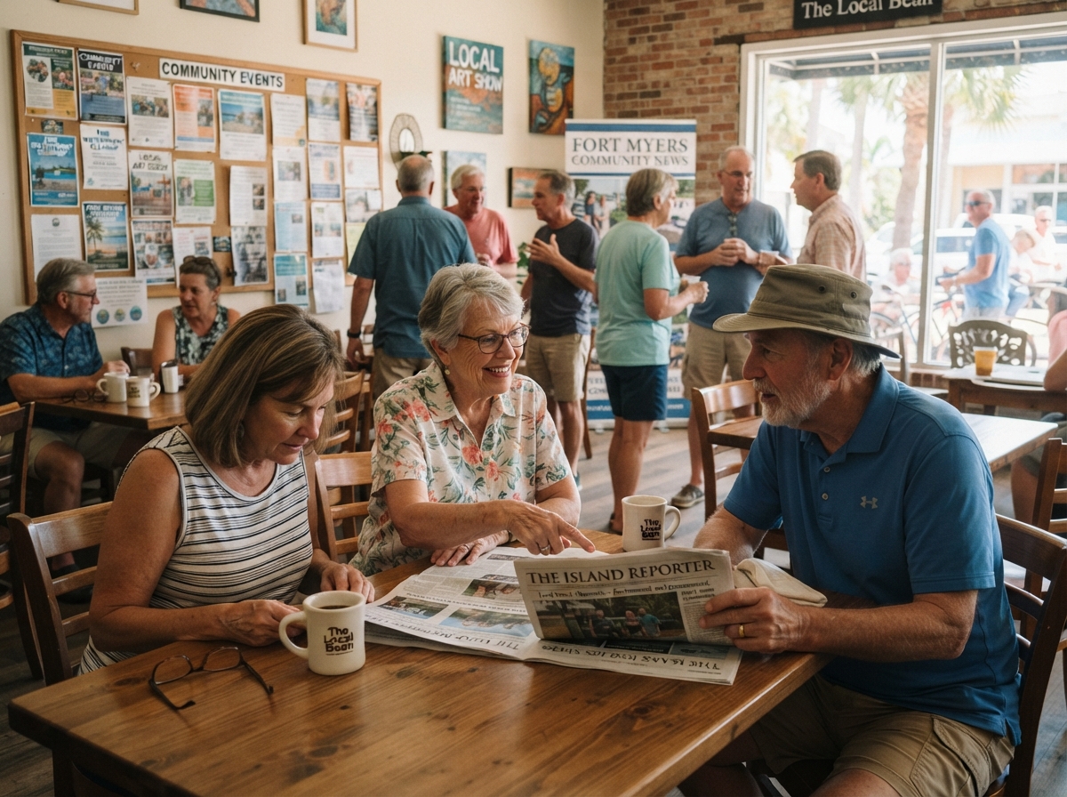 People discussing local updates in a Southwest Florida community setting