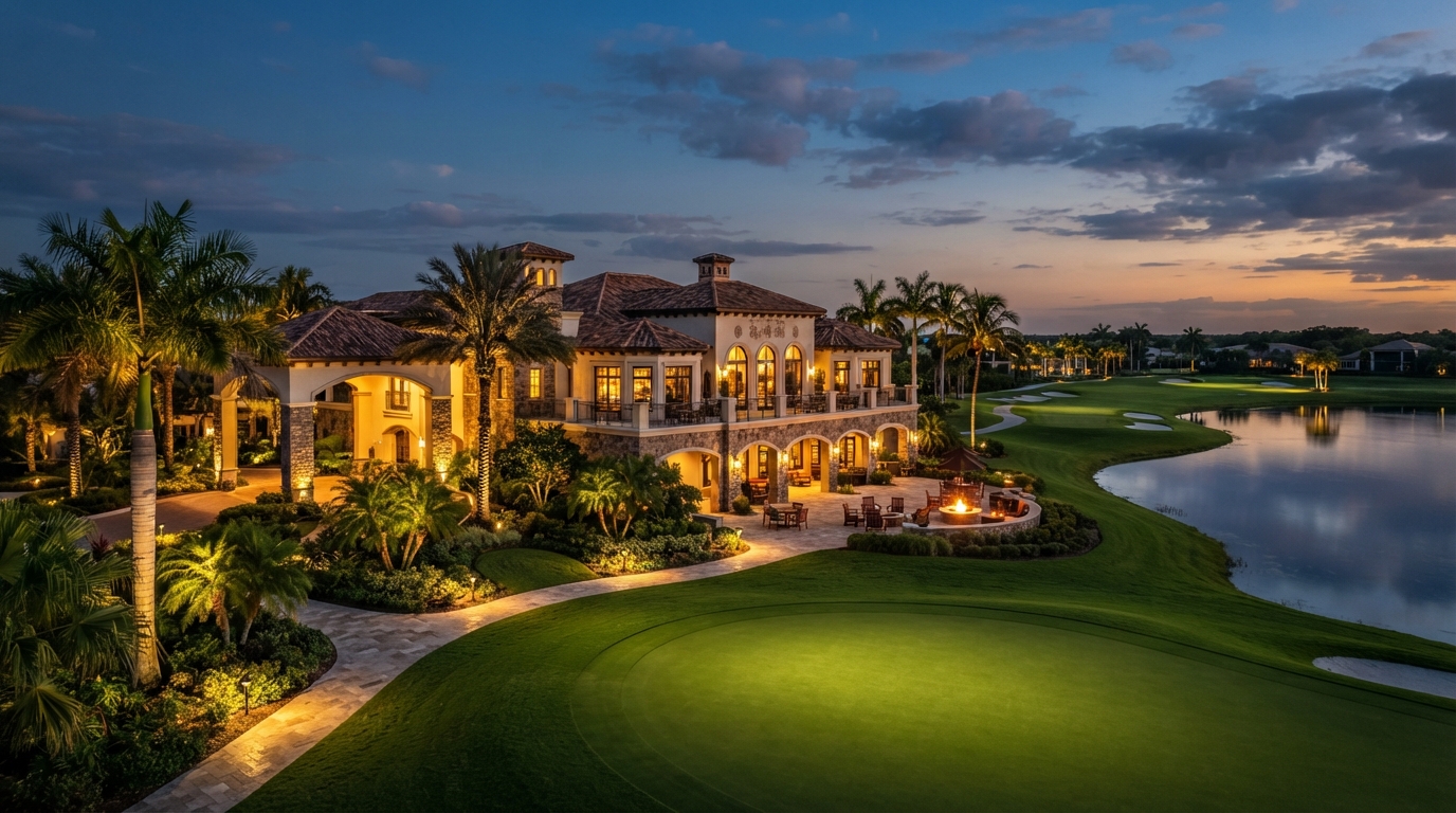 Elegant Southwest Florida golf clubhouse and resort at dusk with warm landscape lighting