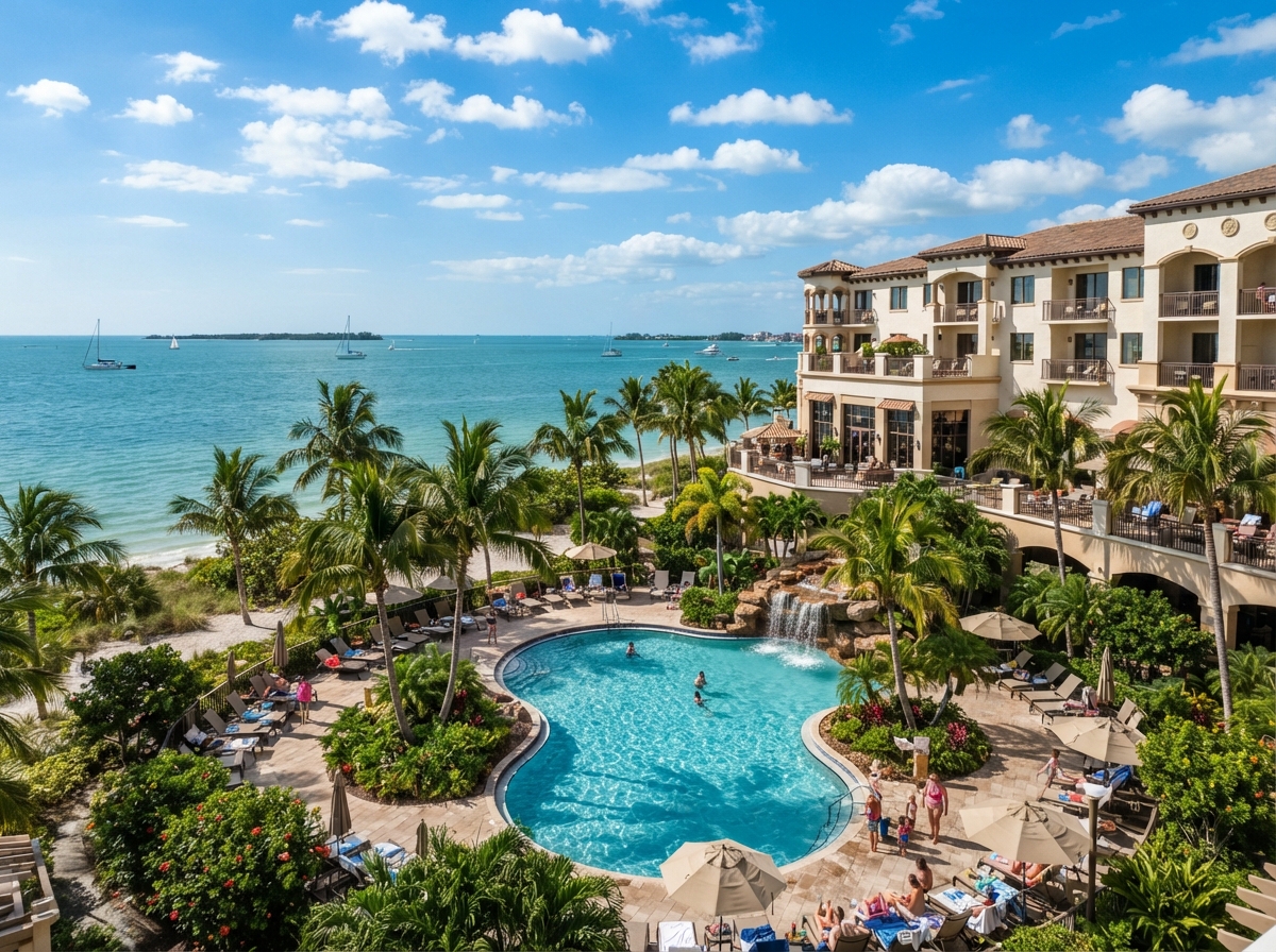 Southwest Florida waterfront resort hotel with pool and palm trees
