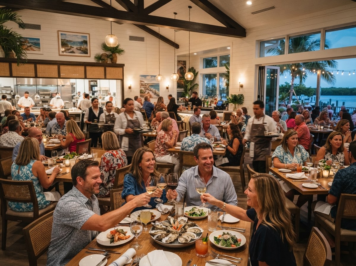 A busy Southwest Florida restaurant dining room at evening