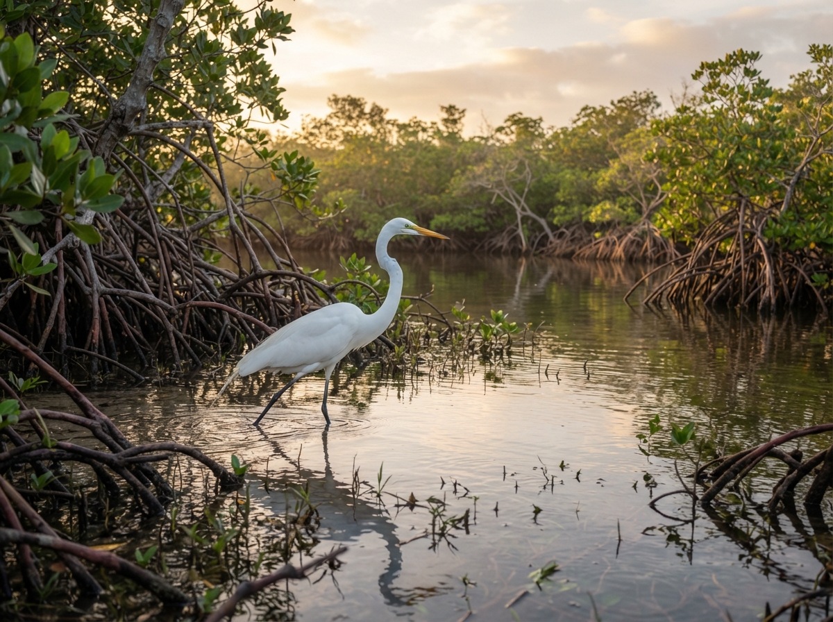 Great egret wading in mangrove shallows