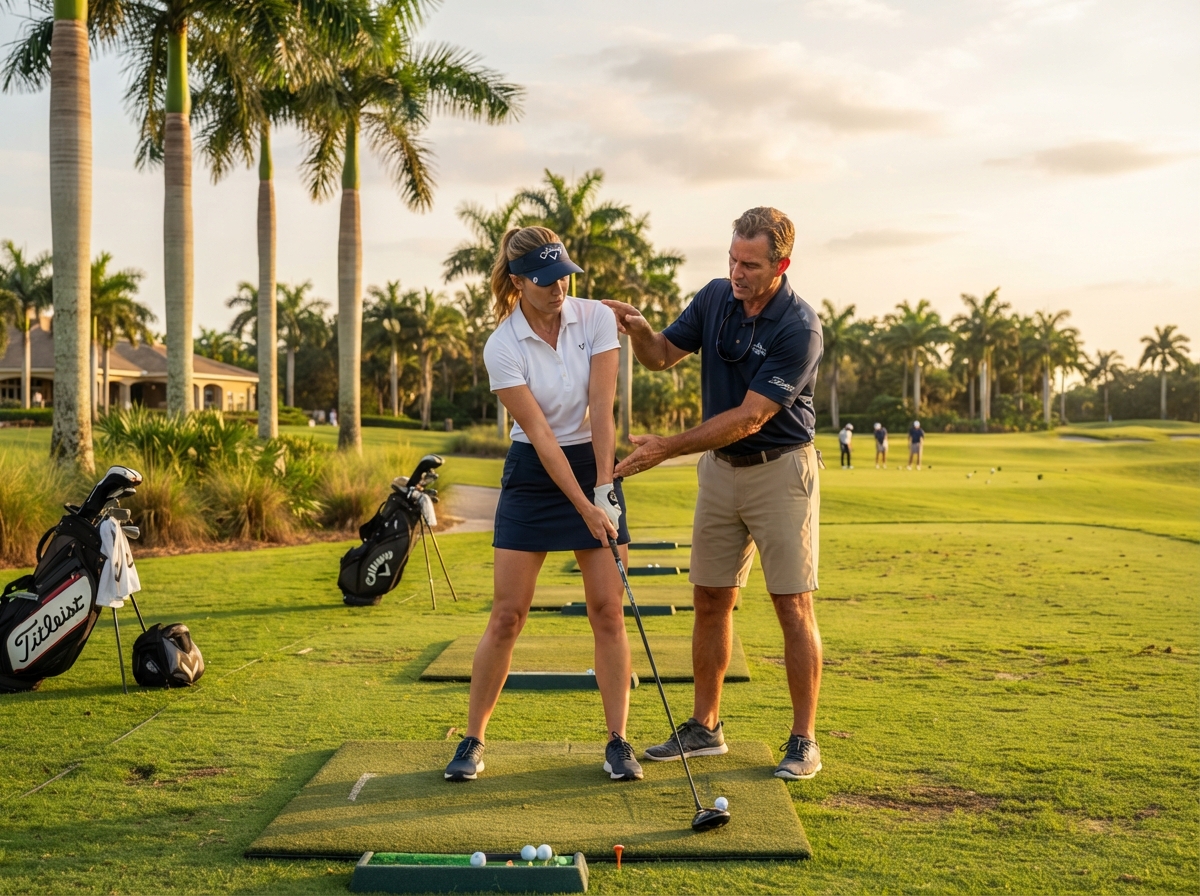 Golf instructor coaching a student on a Southwest Florida practice range