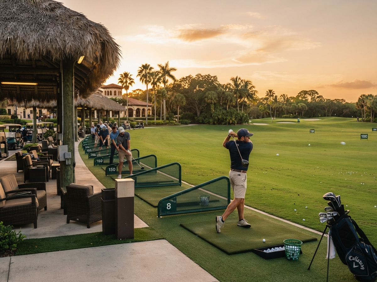 Southwest Florida golf driving range and practice facility at golden hour