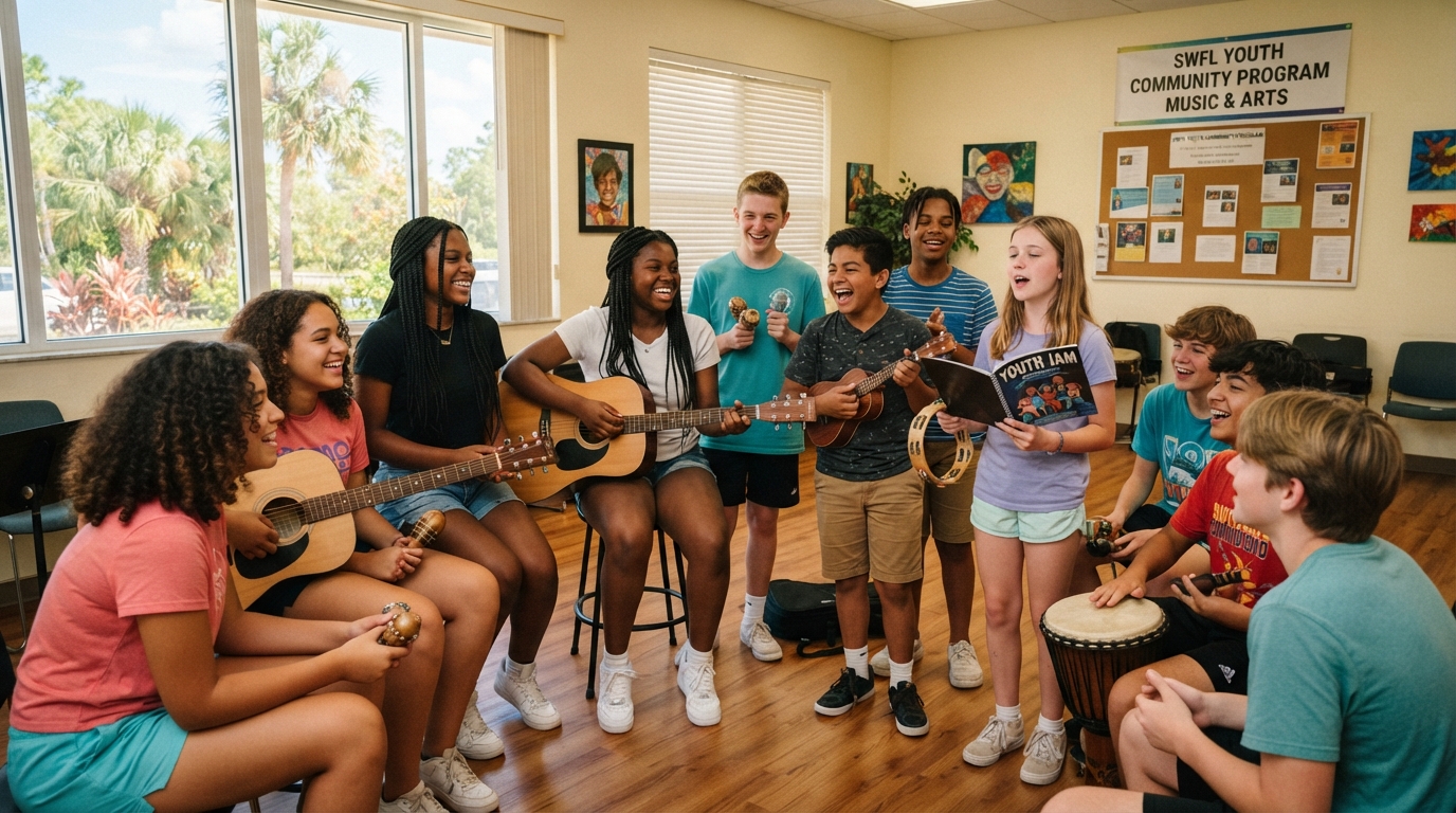 Diverse group of smiling youth and teenagers at a Southwest Florida youth group program