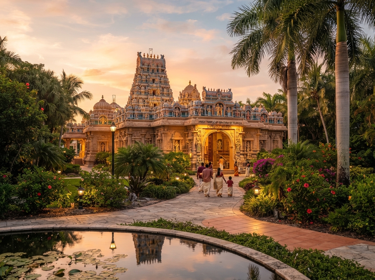 Peaceful Hindu temple in Southwest Florida with ornate architecture and palm trees