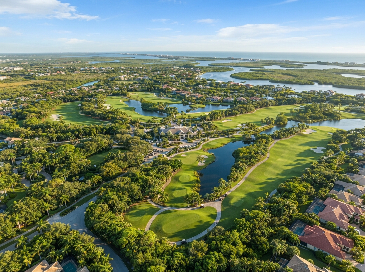 Aerial view of Estero Florida with a golf course