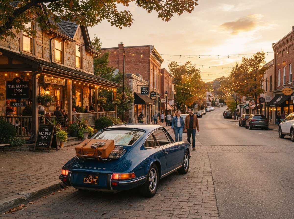 Cozy weekend road-trip escape at a charming small town at golden hour
