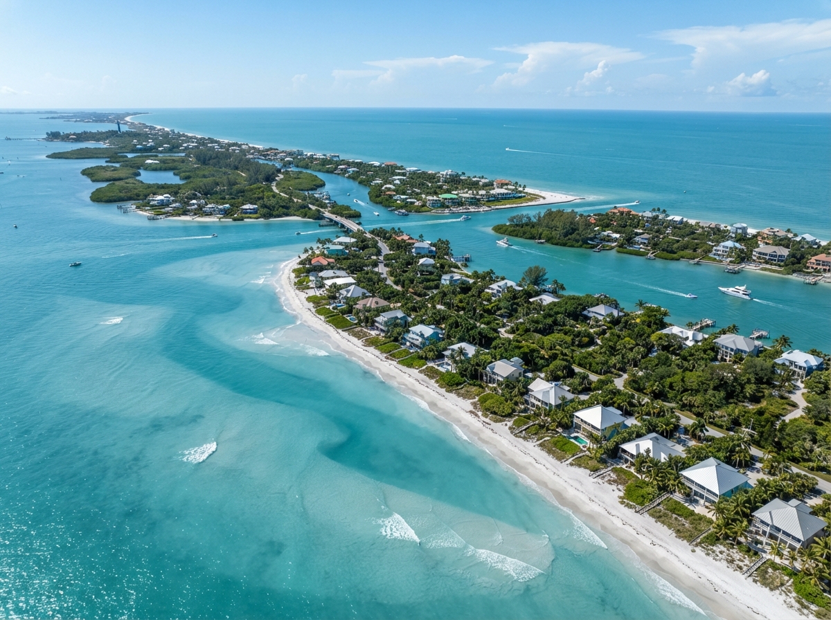Aerial view of Sanibel and Captiva Islands Florida coastline with beach homes and Gulf water