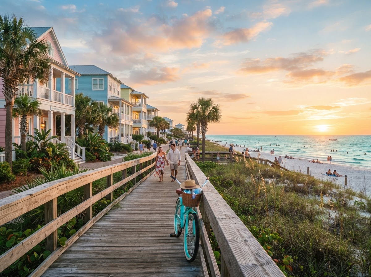 Scenic Florida coastal beach town with pastel buildings and turquoise water at sunset