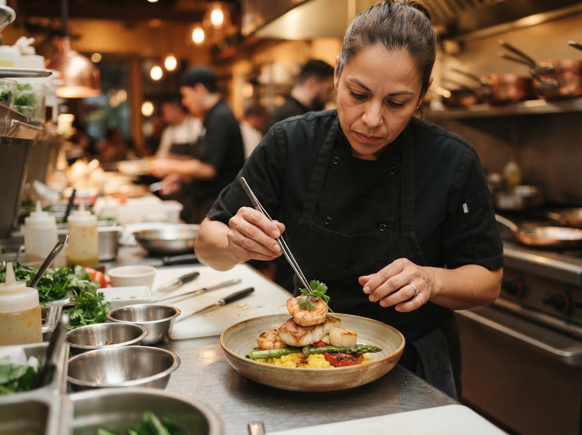 A chef plating a dish in a Southwest Florida restaurant