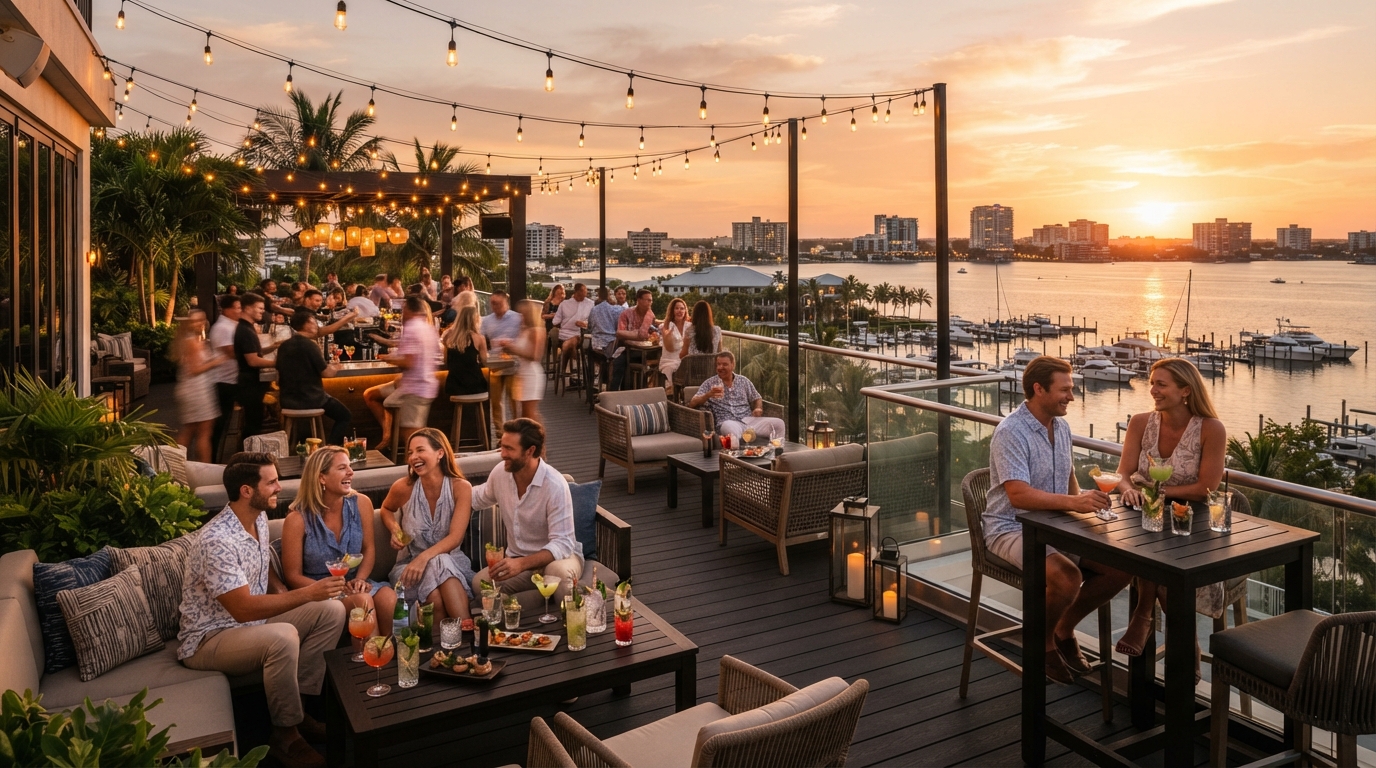 Rooftop waterfront bar at evening golden hour with string lights and skyline view in Southwest Florida