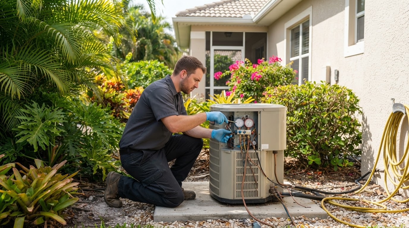 HVAC technician servicing an air conditioning unit in Southwest Florida