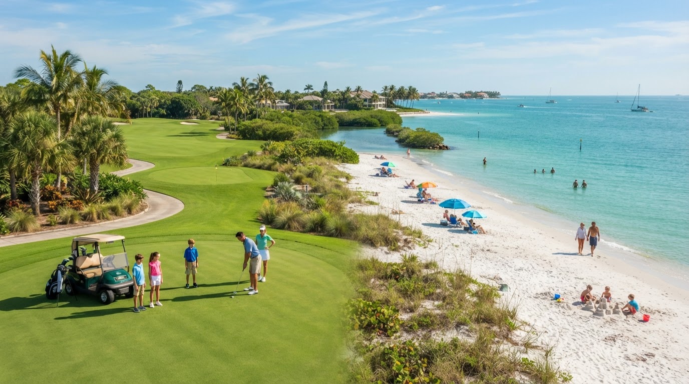 Southwest Florida lifestyle scene with golf course and beach