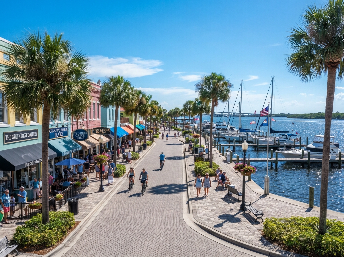 Charming Southwest Florida day-trip waterfront main street with palm trees