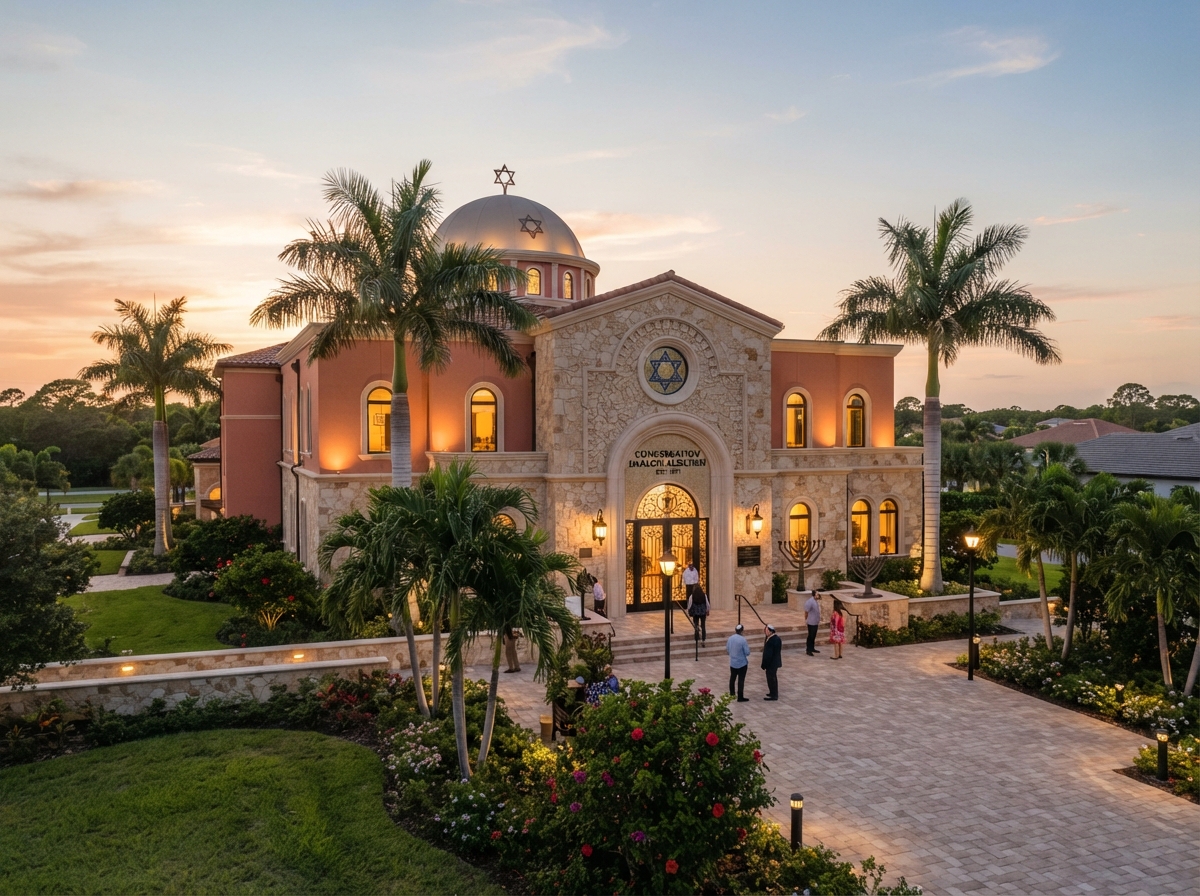 Elegant Southwest Florida church exterior with warm evening light