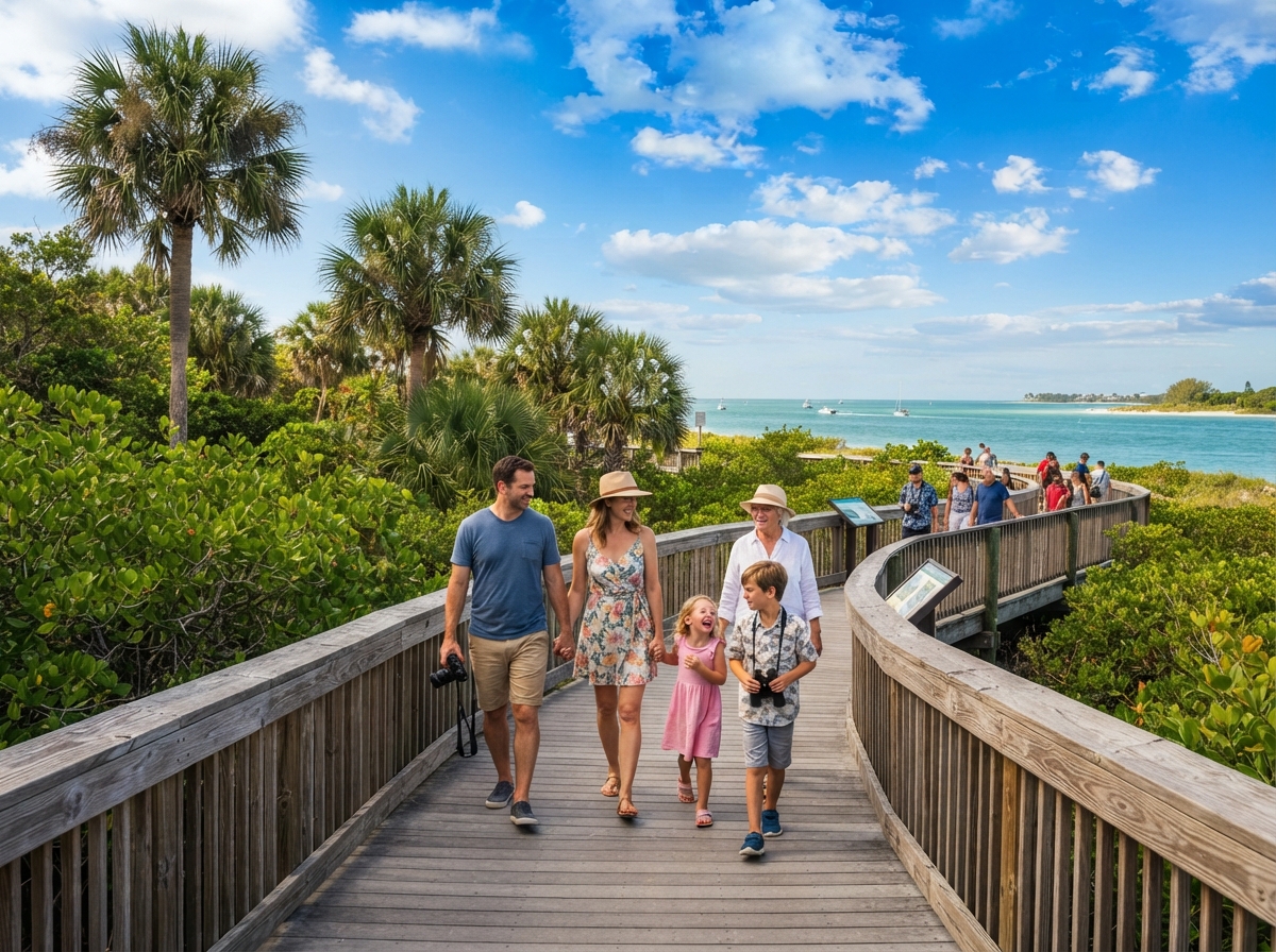 Family enjoying a sunny Southwest Florida outdoor attraction boardwalk